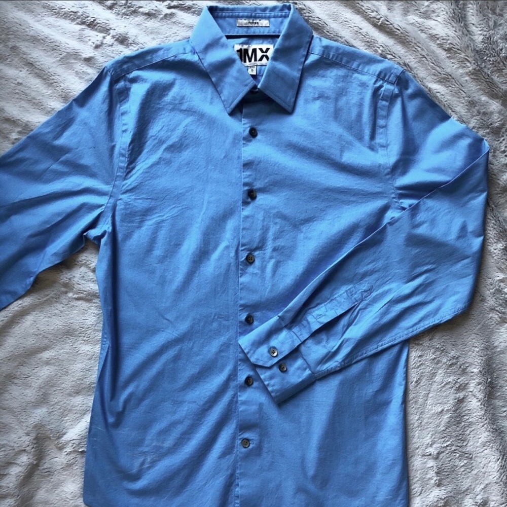 Express 1MX sky blue fitted button down shirt